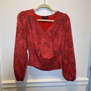 Boho Rachel Zoe Paisley Peasant Top Red Smocked Waist Long Sleeve Blouse XS